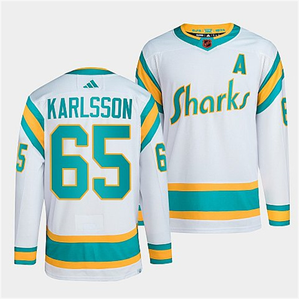 Men's San Jose Sharks #65 Erik Karlsson White 2022-23 Reverse Retro Stitched Jersey